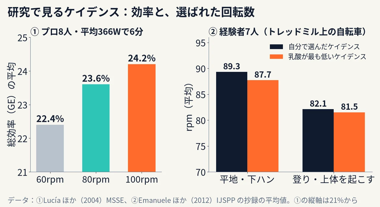 研究で見るケイデンスのグラフ。プロ8人が平均366Wで走ったときの総効率は60rpmで22.4%、80rpmで23.6%、100rpmで24.2%。経験者7人が自分で選んだケイデンスは平地89.3rpm・登り82.1rpm、乳酸が最も低いケイデンスは平地87.7rpm・登り81.5rpm
